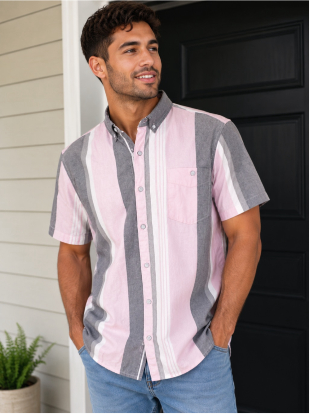 Free Planet Casual Button Down Shirt Pink Gray Striped Men's Size L